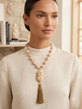 Carved Faux Ivory Tassel Beaded Necklace